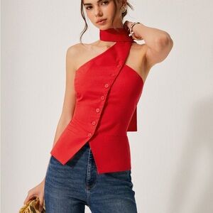 Commense Red One-Shoulder Asymmetric Button Top